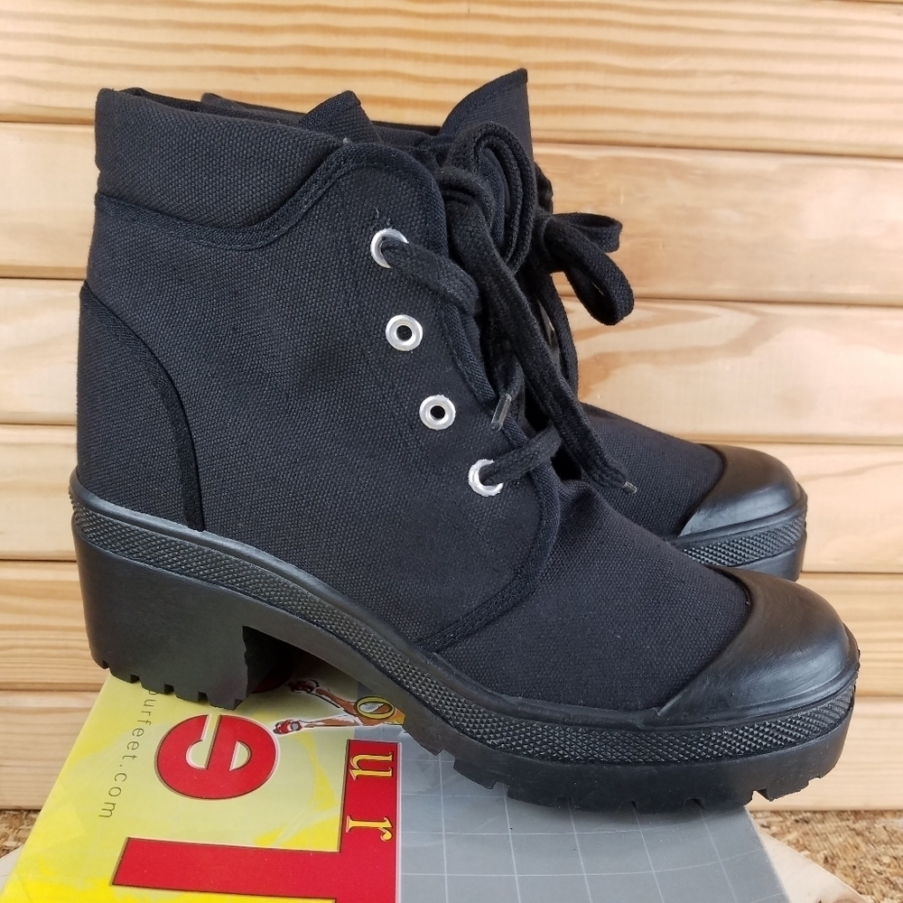 NEW Canvas Combat Boots Military Biker Moto Black Ankle Heeled Lace up 8.5M CL